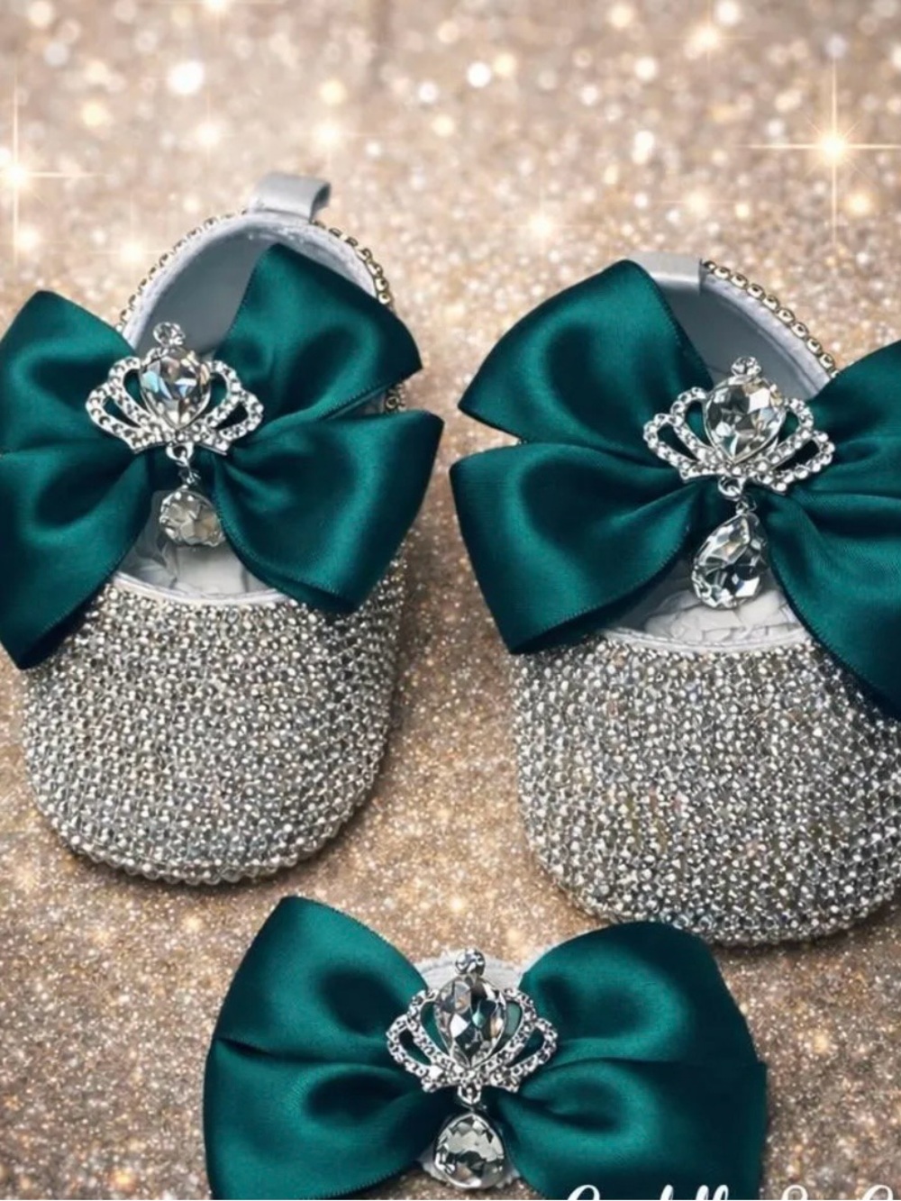 Kids Teal Satin Bow Crystal-Embellished Baby Shoes